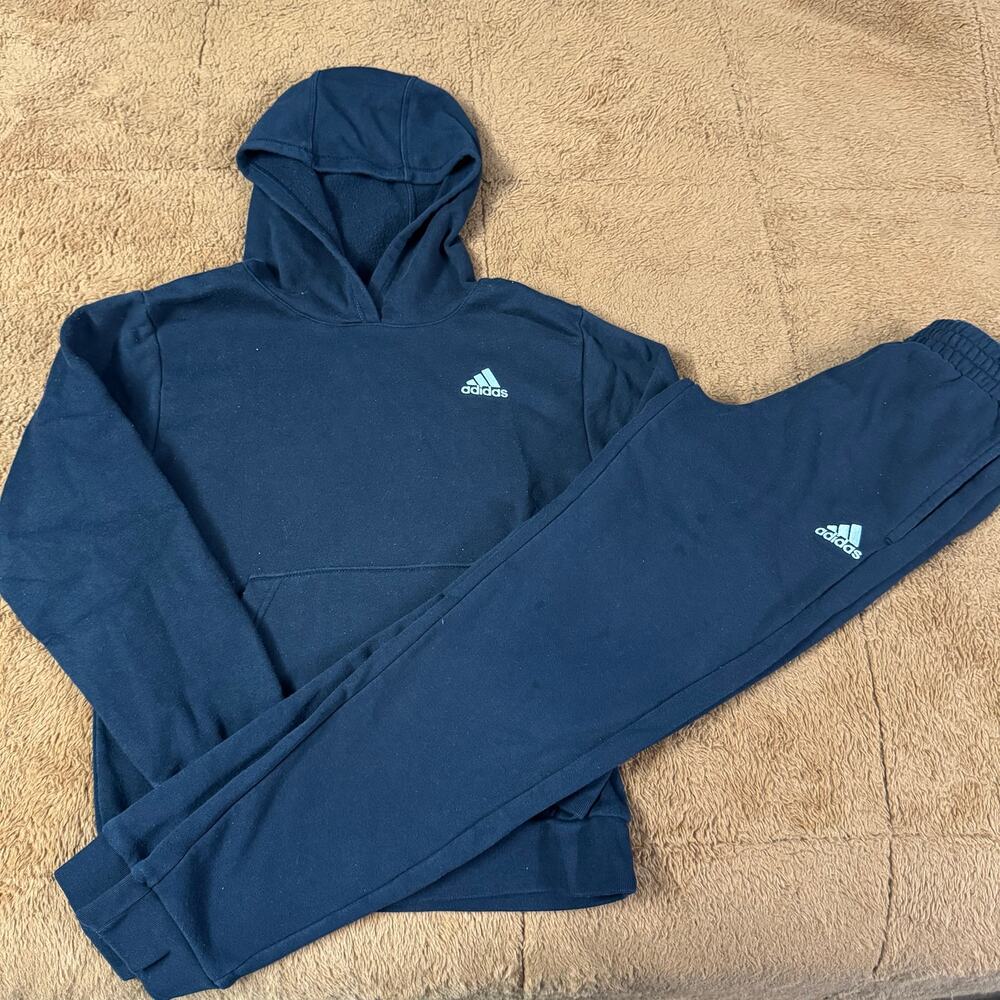 Adidas Boys Black Hoodie Jogger Set Size Medium 10-12 Matching Fleece Sweatsuit